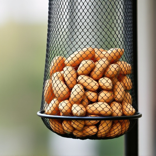 Whole peanuts in mesh bird feeder