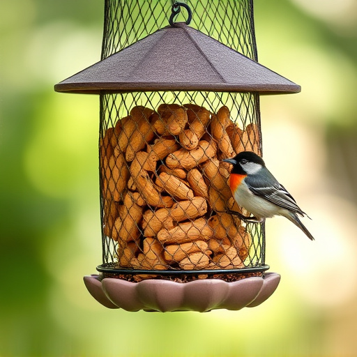 Whole peanuts in mesh bird feeder