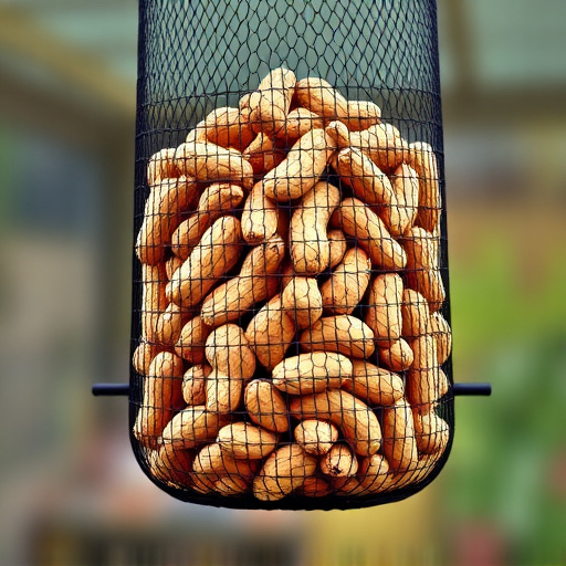 Whole peanuts in mesh bird feeder