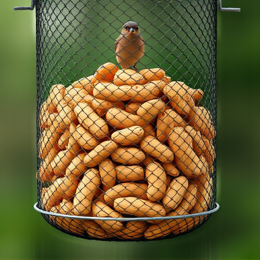 Whole peanuts in mesh bird feeder