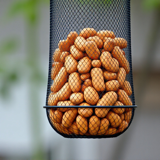 Whole peanuts in mesh bird feeder