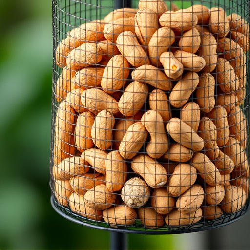 Whole peanuts in mesh bird feeder