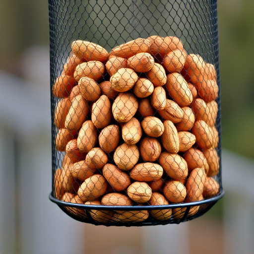 Whole peanuts in mesh bird feeder