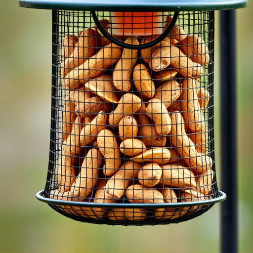Whole peanuts in mesh bird feeder
