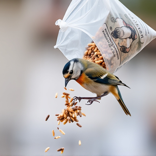 Wild bird seed pouring from bag