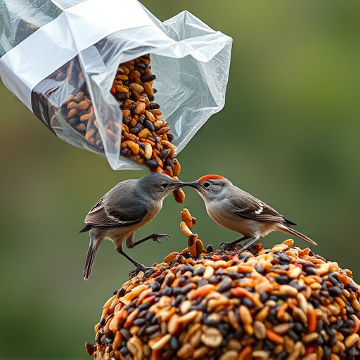 Wild bird seed pouring from bag