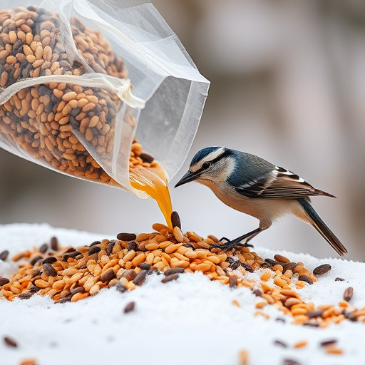 Wild bird seed pouring from bag