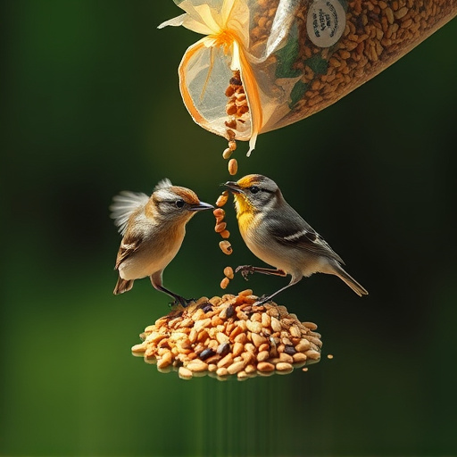 Wild bird seed pouring from bag