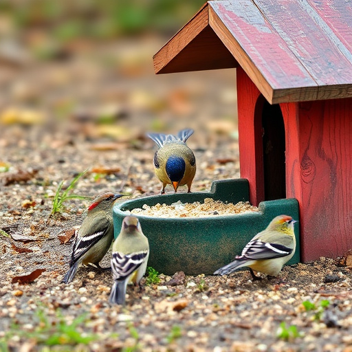 Wild birds eating from ground feeder