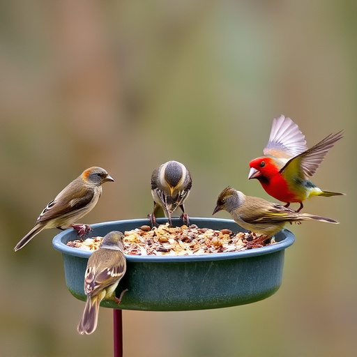 Wild birds eating from ground feeder