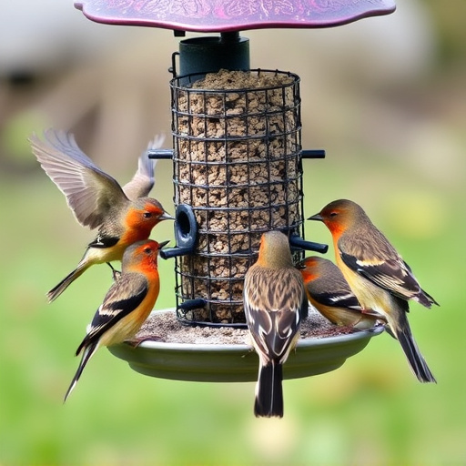 Wild birds eating from ground feeder