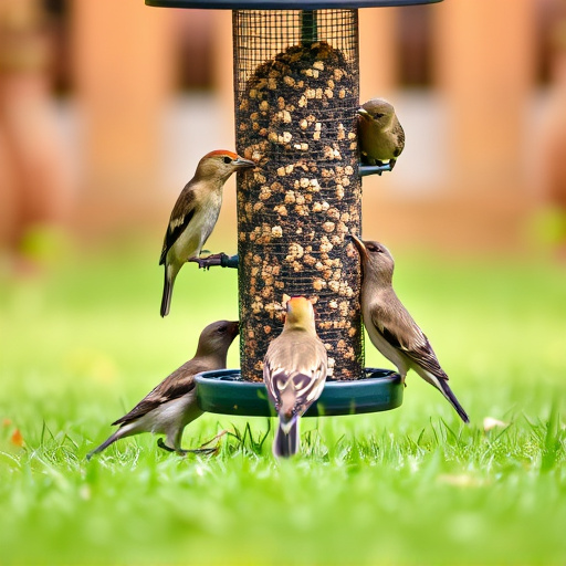 Wild birds eating from ground feeder