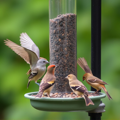 Wild birds eating from ground feeder