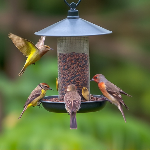 Wild birds eating from ground feeder