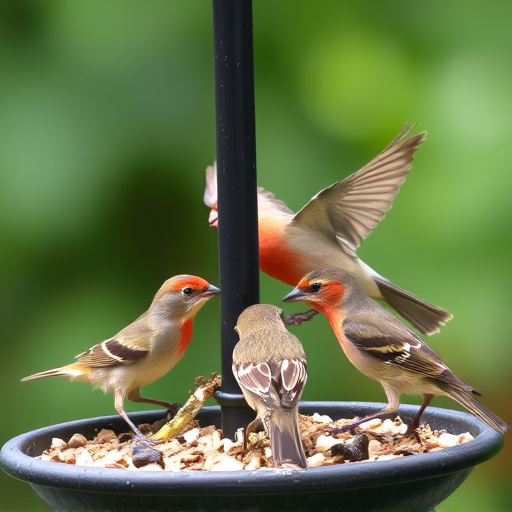 Wild birds eating from ground feeder