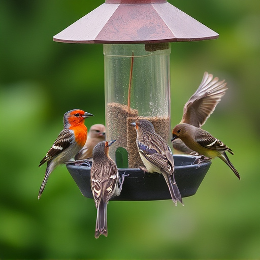 Wild birds eating from ground feeder