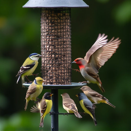 Wild birds eating from ground feeder