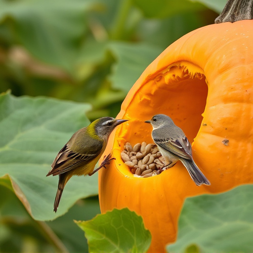 Wild birds eating pumpkin seeds