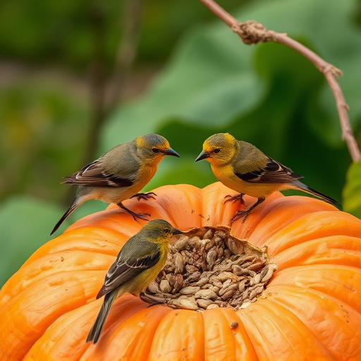 Wild birds eating pumpkin seeds