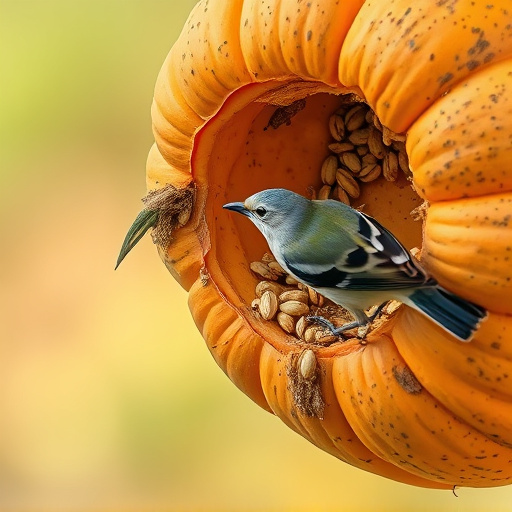 Wild birds eating pumpkin seeds
