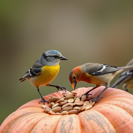 Wild birds eating pumpkin seeds