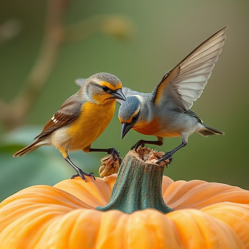 Wild birds eating pumpkin seeds