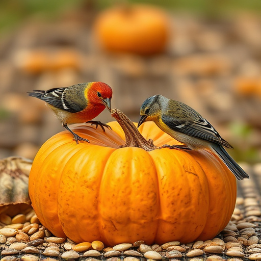Wild birds eating pumpkin seeds