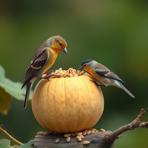 Wild birds eating pumpkin seeds