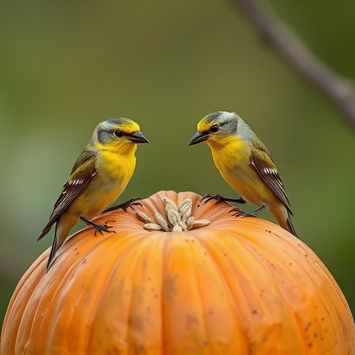 Wild birds eating pumpkin seeds