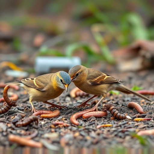 Wild birds enjoying mealworms outdoors