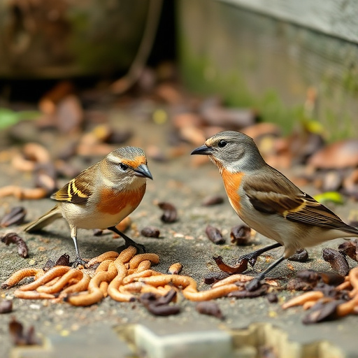 Wild birds enjoying mealworms outdoors