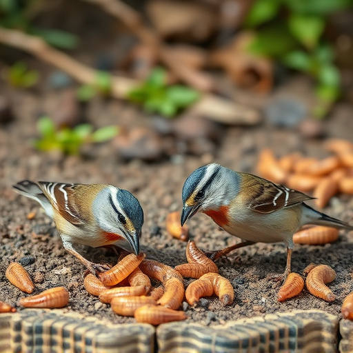 Wild birds enjoying mealworms outdoors