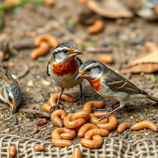 Wild birds enjoying mealworms outdoors