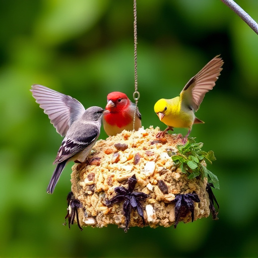 Wild birds enjoying protein-rich suet mix