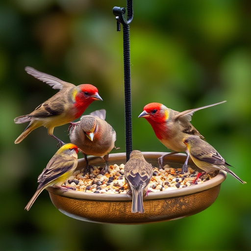 Wild birds feeding from seed tray