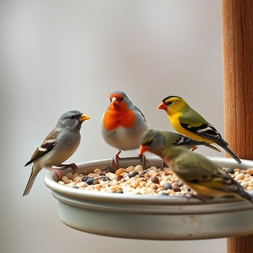 Wild birds feeding from seed tray