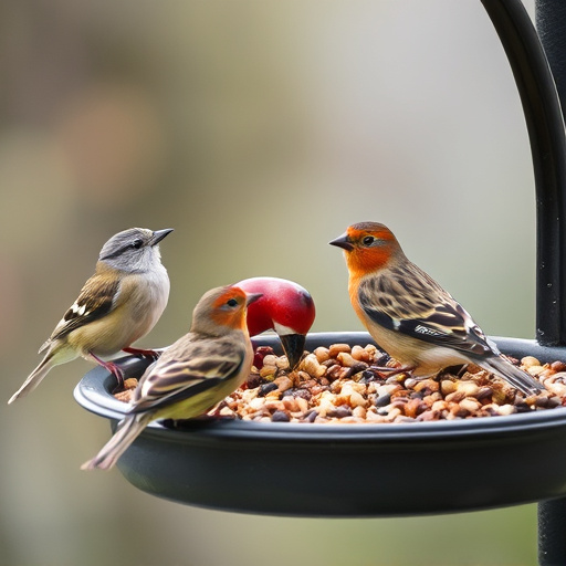 Wild birds feeding from seed tray