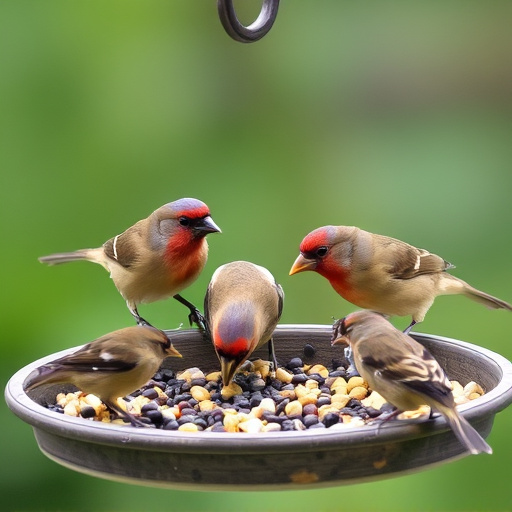 Wild birds feeding from seed tray