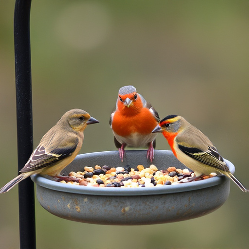 Wild birds feeding from seed tray