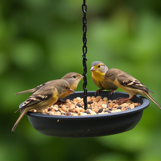 Wild birds feeding from seed tray