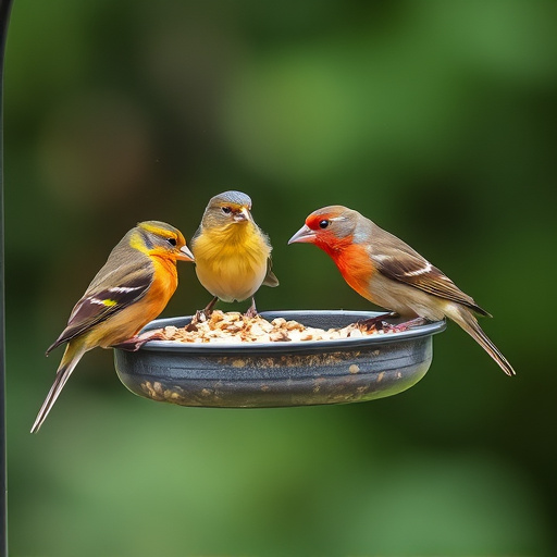 Wild birds feeding from seed tray