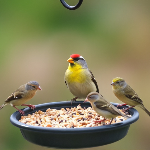 Wild birds feeding from seed tray