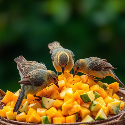 Wild birds feeding on chopped fruit