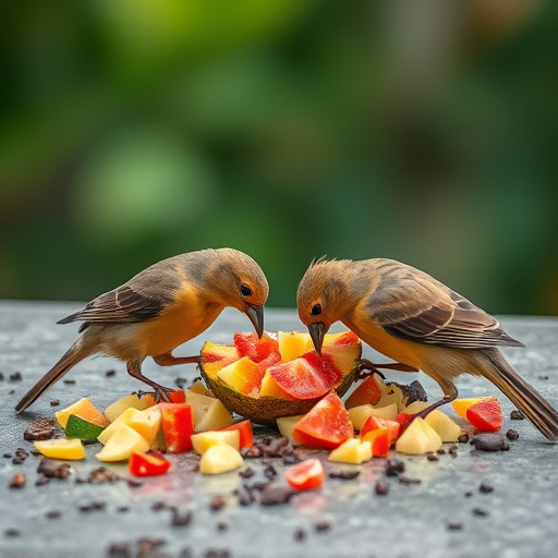 Wild birds feeding on chopped fruit
