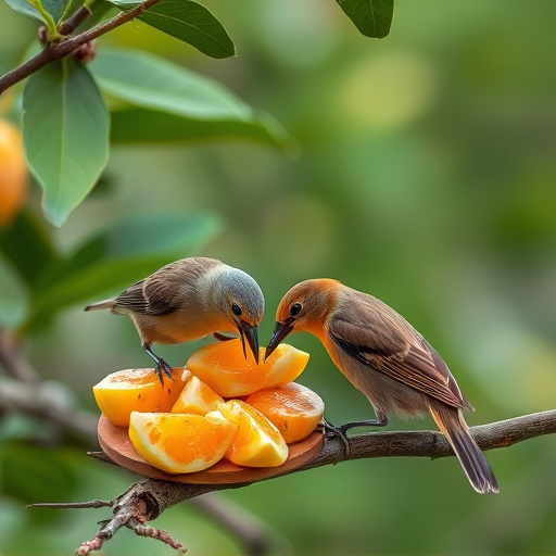 Wild birds feeding on chopped fruit