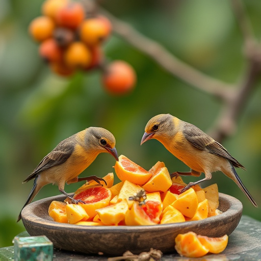 Wild birds feeding on chopped fruit