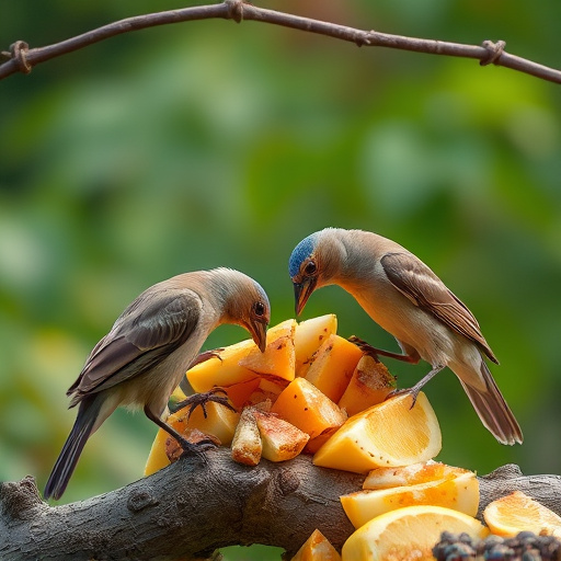 Wild birds feeding on chopped fruit