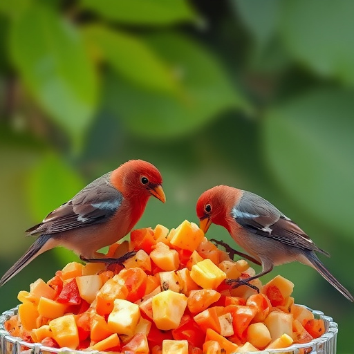 Wild birds feeding on chopped fruit