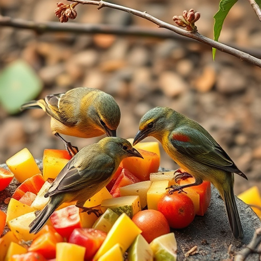 Wild birds feeding on chopped fruit
