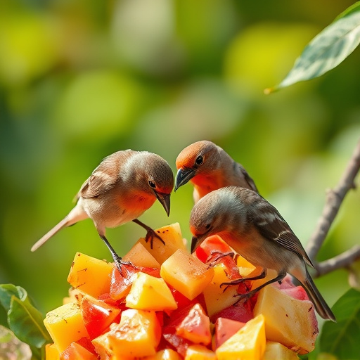Wild birds feeding on chopped fruit
